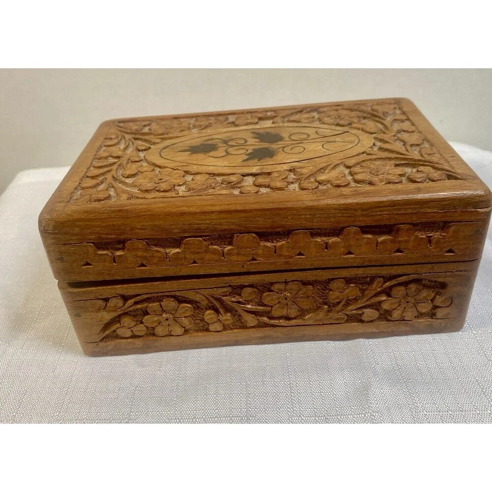 Vintage Hand Carved Wooden Trinket Box Floral Design India 6” Long